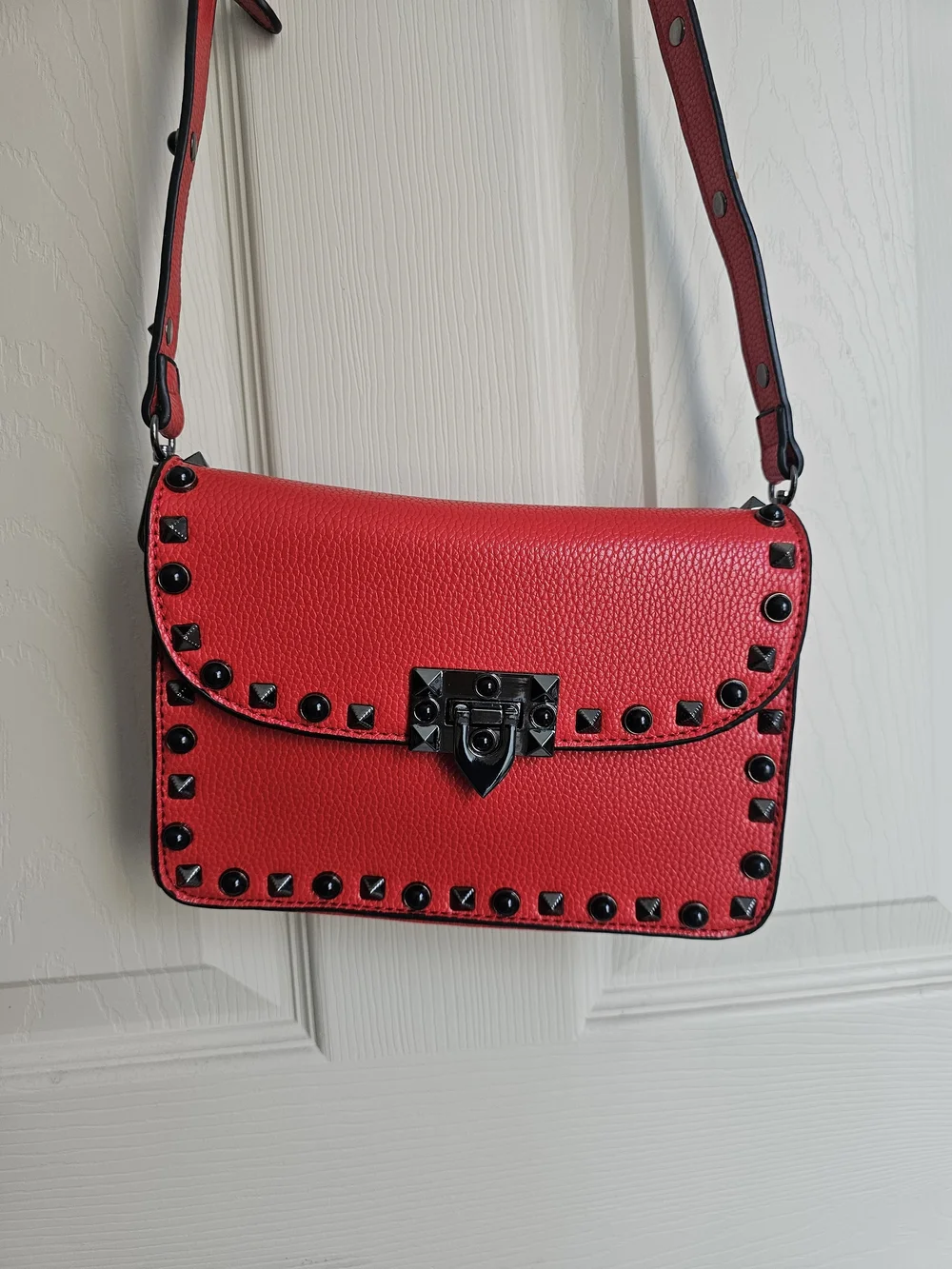 Red Vegan Leather Edgy Studded Crossbody Purse w/ Two Interchangeable Straps